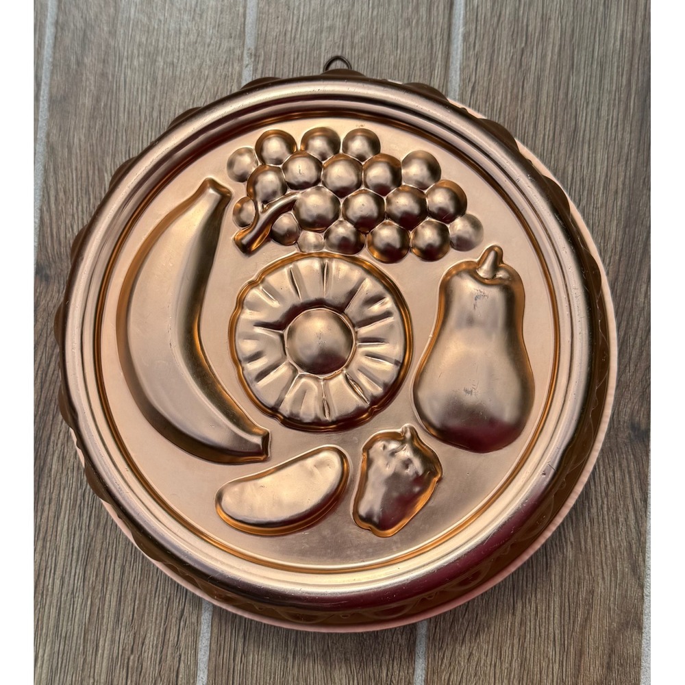 Vintage Copper Fruit Medley Round Jello Cake Mold Wall Decor Scalloped 9 Inch